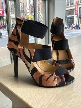Nine West Tiger-Print Strappy High Heel Sandals in Black and Brown